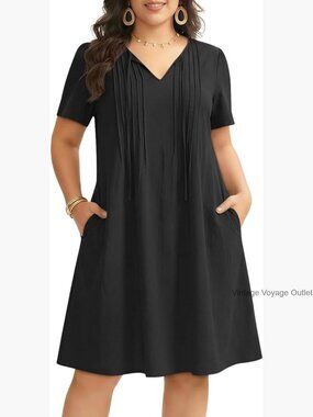 Plus Size Midi Dress with Pockets, V-Neck, Pleated, Work Casual Summer